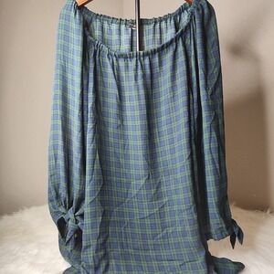 Talbots Green Plaid Elastic Off Shoulder Long Sleeve Top Size Small Holiday Read